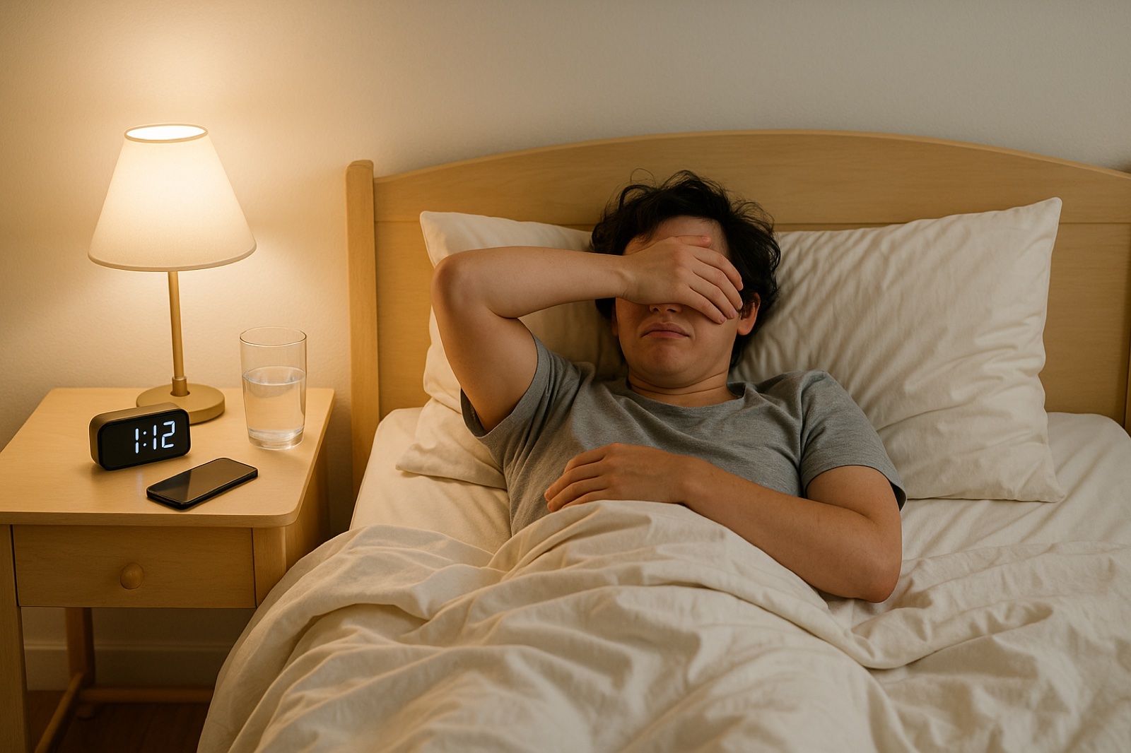 Person lying awake in bed with an arm over their eyes, replaying an embarrassing moment at 1:12 a.m.