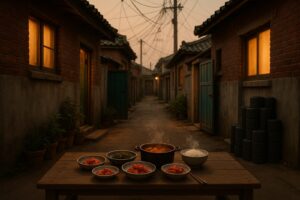 A narrow 1980s Seoul alley at dusk with bowls of Korean side dishes on a wooden bench