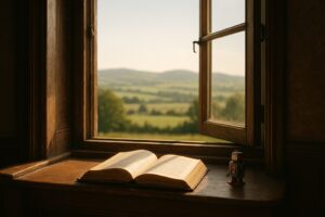 Open book on a sunlit window seat looking out at distant green hills, illustrating Sehnsucht meaning