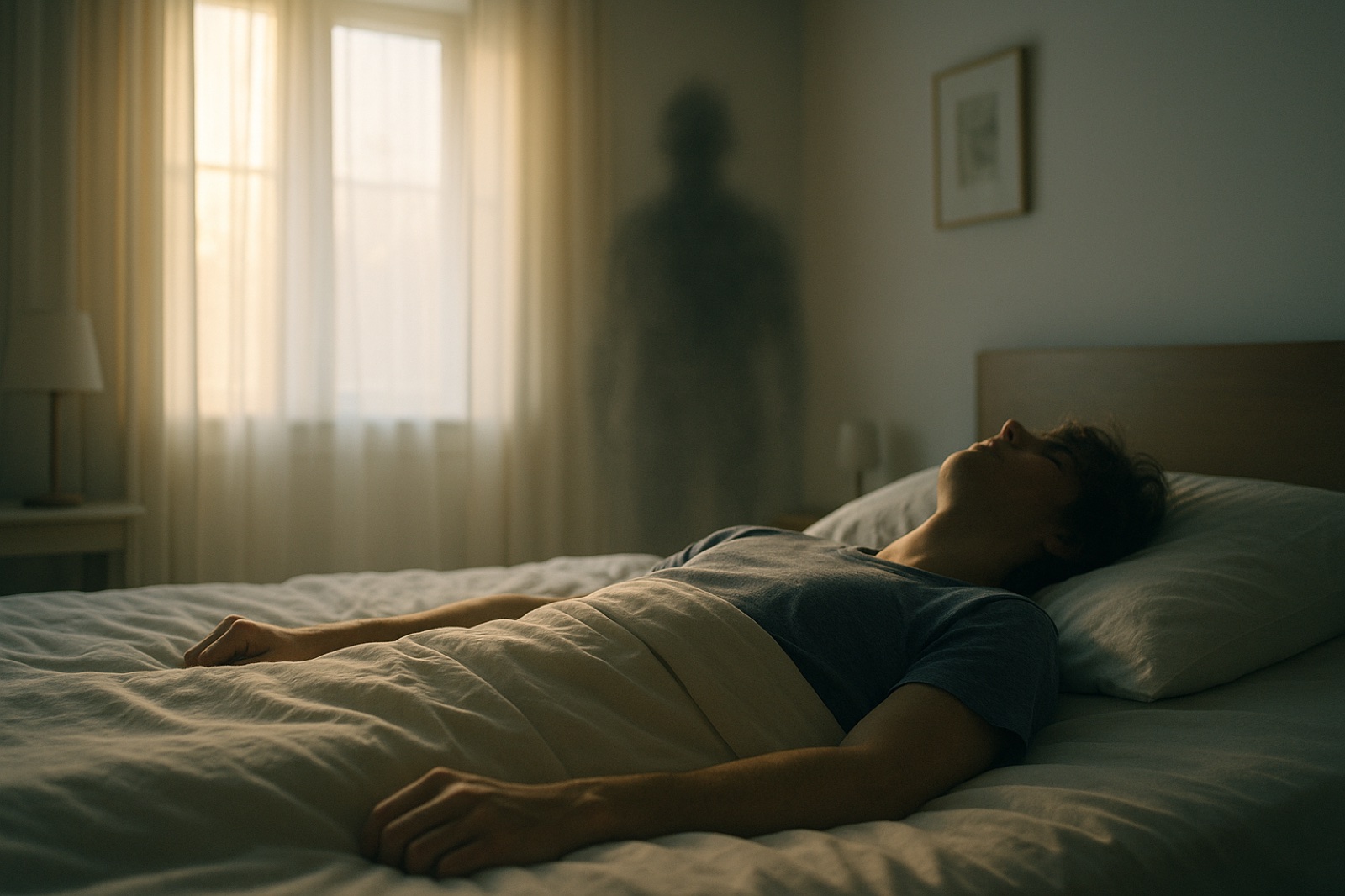 Person lying frozen in bed at dawn during sleep paralysis with a blurry shadow figure standing in the room