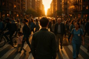 Sonder meaning: a person pauses in a busy city crosswalk at golden hour as strangers stream past, each living their own life