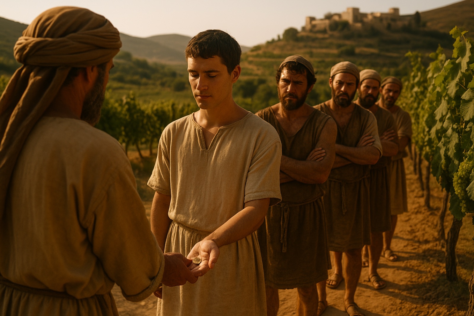 Vineyard workers in a line at the end of the day as the last-hired worker is paid first, from the parable behind "the last shall be first"