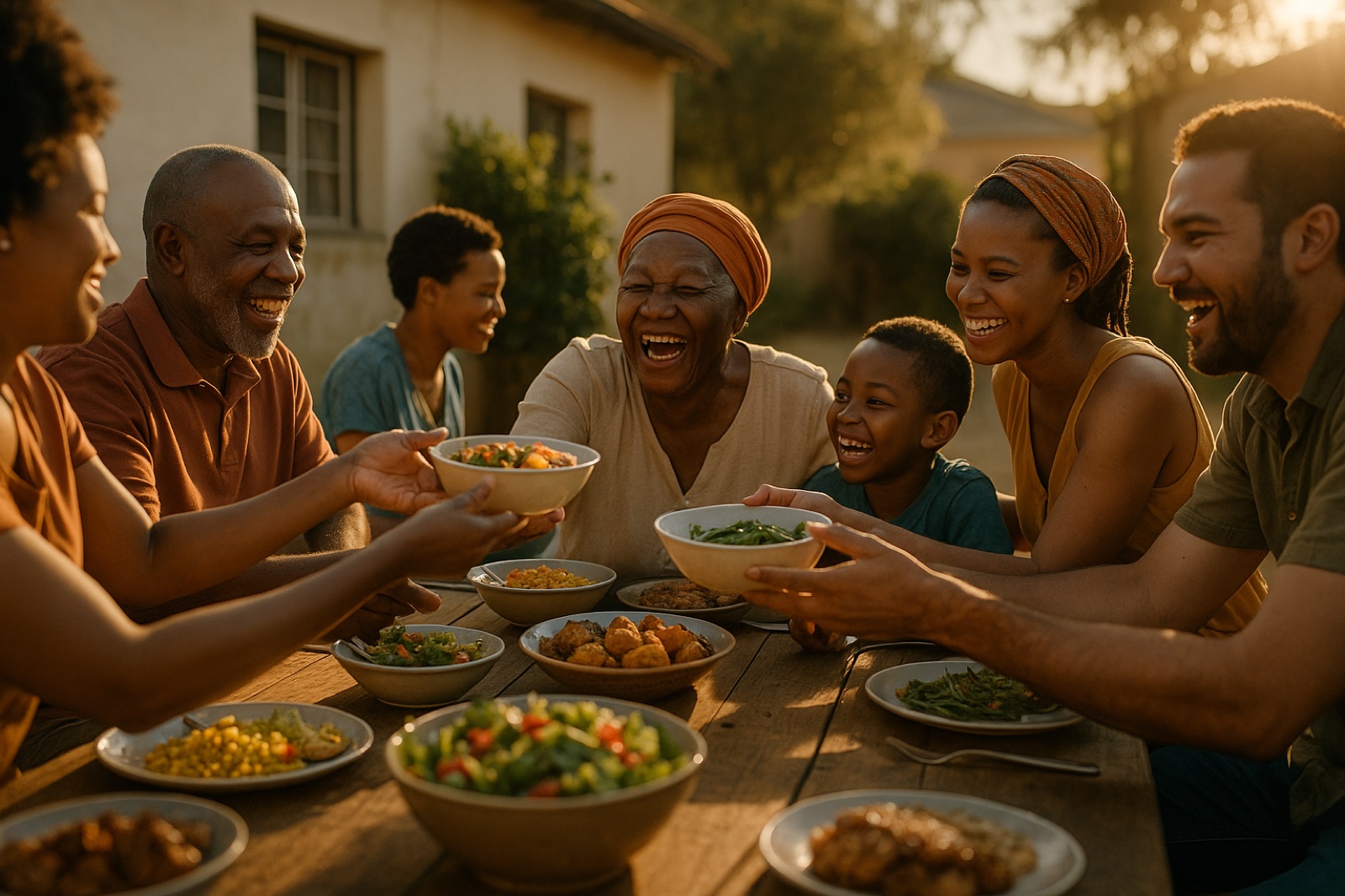 A family and neighbours laughing and passing bowls of food around an outdoor table in southern Africa, the spirit of ubuntu