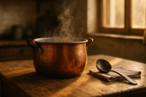 A well-used copper cooking pot steaming on a wooden kitchen table in warm morning light, illustrating what sanctification means