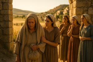 Grieving widow Naomi arriving at the gate of Bethlehem with Ruth as village women stare, barley fields behind them