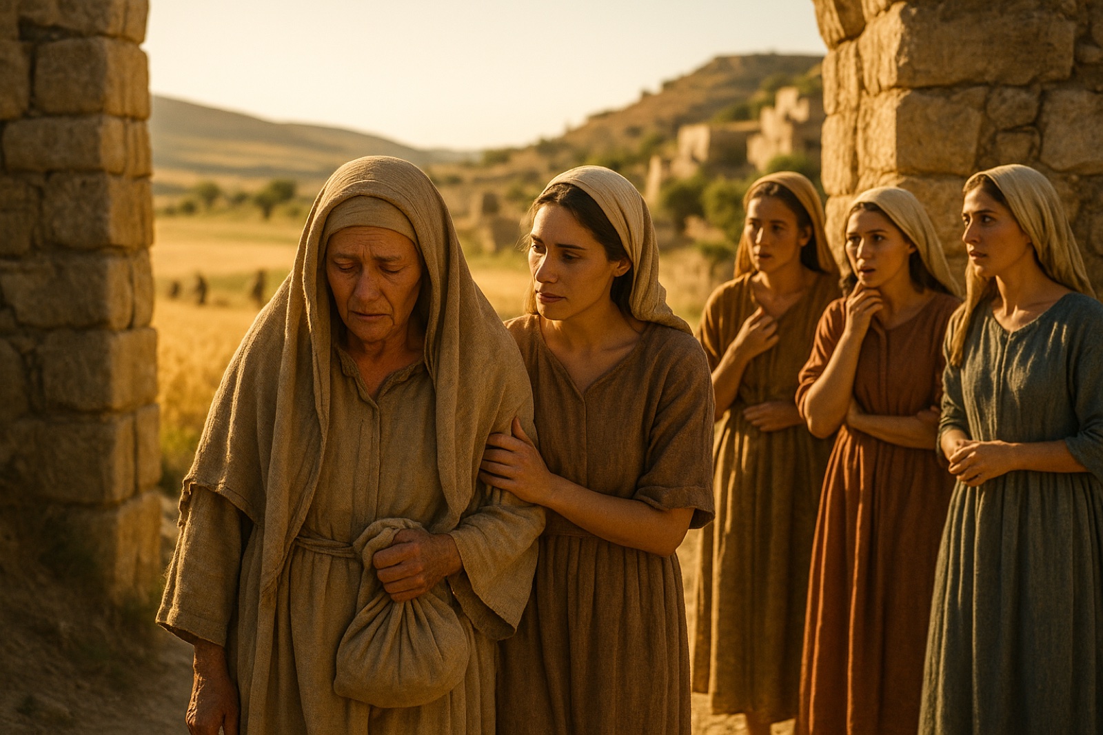 Grieving widow Naomi arriving at the gate of Bethlehem with Ruth as village women stare, barley fields behind them