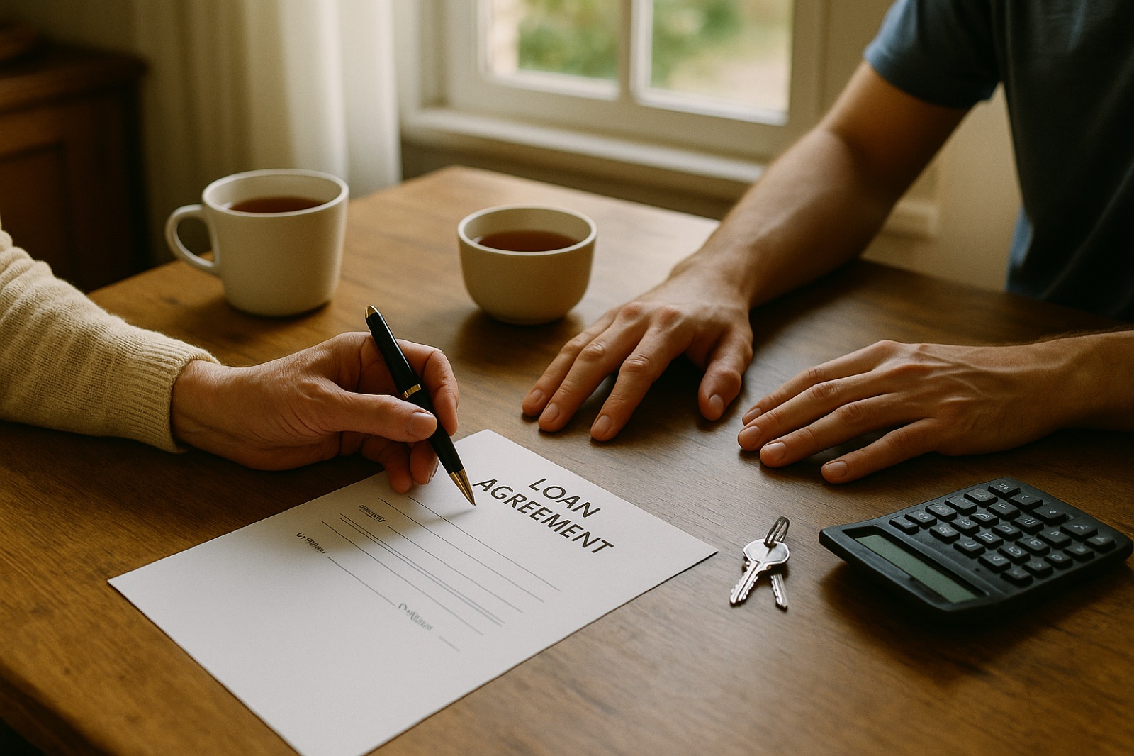Hand holding a pen over a loan agreement at a kitchen table while another person waits, deciding whether to cosign