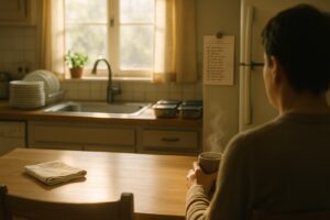 A person pausing with a warm mug at a sunlit kitchen table after finishing a long ticked-off to-do list