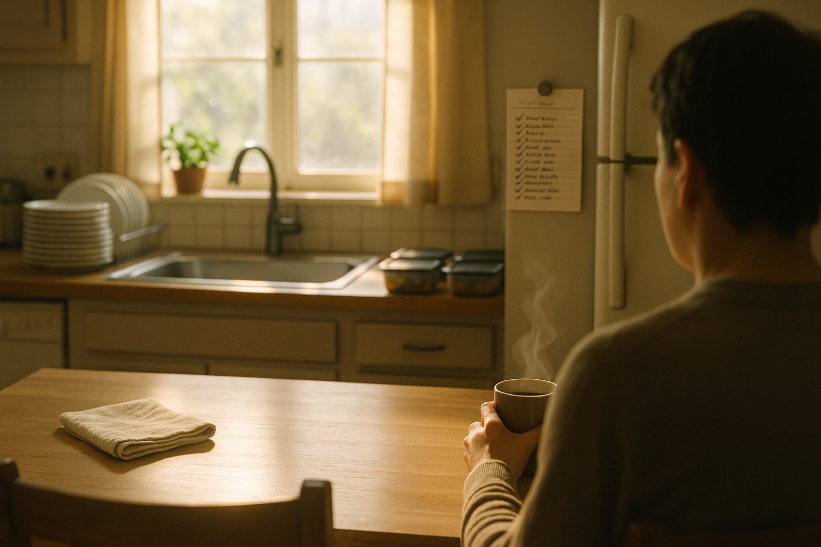 A person pausing with a warm mug at a sunlit kitchen table after finishing a long ticked-off to-do list