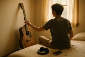 Person in a sunlit bedroom reaching for an untouched acoustic guitar, returning to something they used to enjoy
