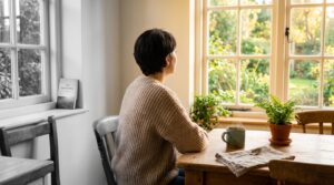 A person at a kitchen table looks from a black-and-white side of the room toward a window in full colour, illustrating black-and-white thinking