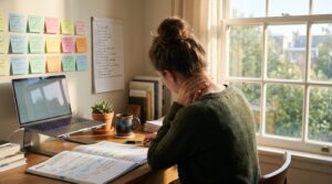 A person at a tidy desk covered in finished checklists, rubbing a tense neck in warm morning light
