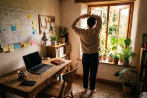 Person stepping away from a desk and busy calendar to stretch by a sunlit window, illustrating hustle culture