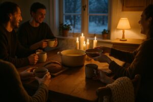Friends sharing soup, bread and tea around a candle-lit wooden table on a winter evening, a picture of Danish hygge