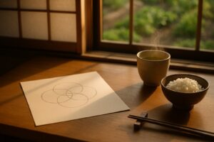 Four overlapping circles drawn on paper beside green tea and a bowl of rice on a Japanese table in morning light