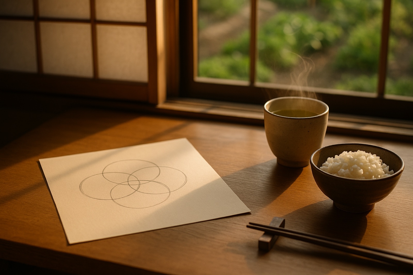 Four overlapping circles drawn on paper beside green tea and a bowl of rice on a Japanese table in morning light