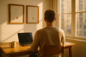 Person at a sunlit office desk facing framed certificates on the wall, illustrating imposter syndrome