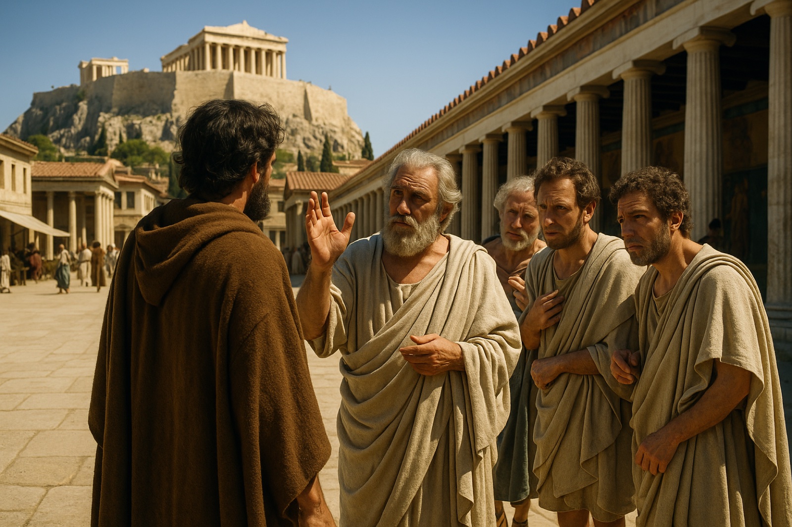 Greek philosophers debating a traveller beside a stoa in the ancient Athens marketplace, the Acropolis behind them