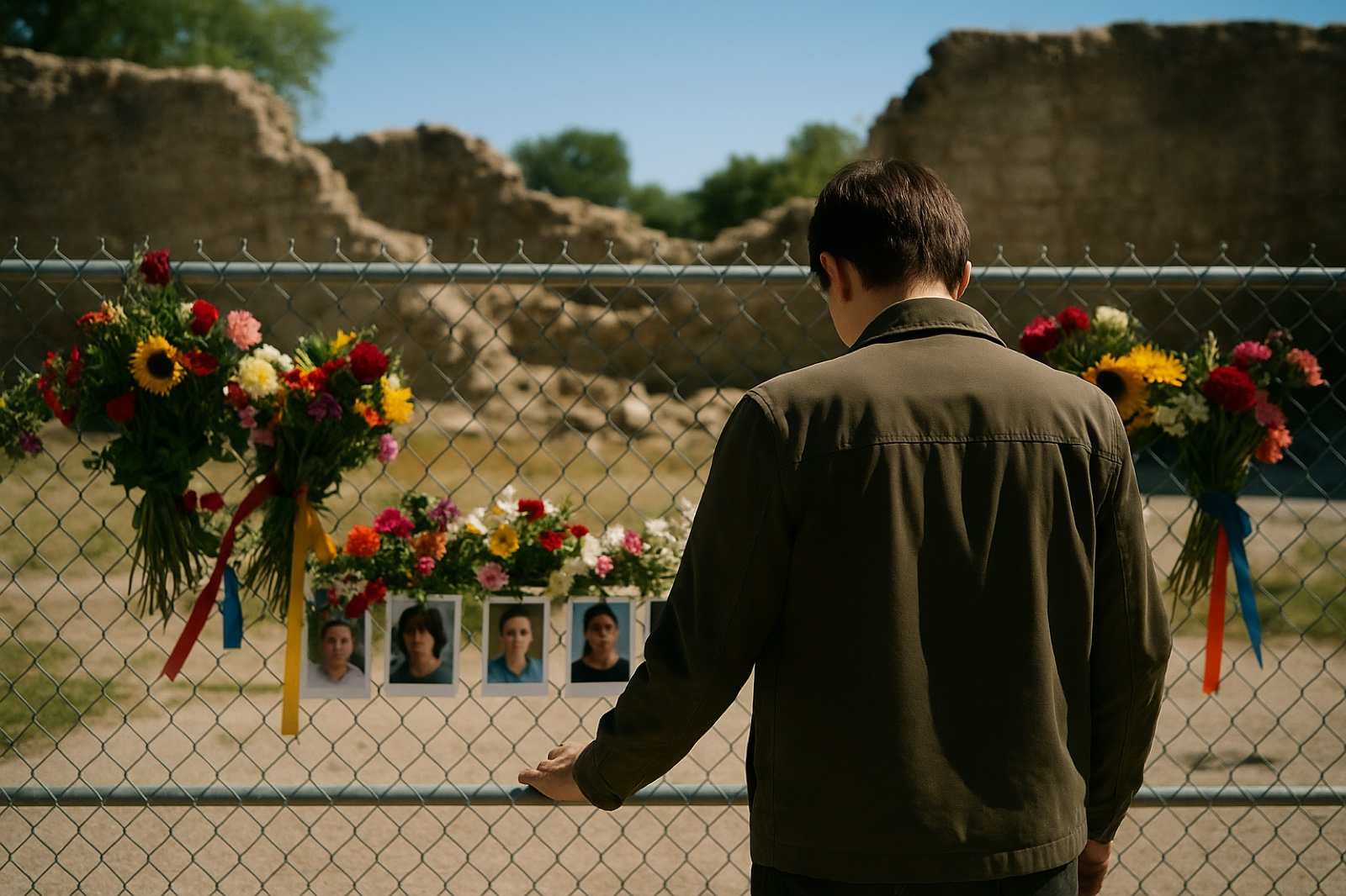 A survivor stands at a memorial fence with flowers and photos in front of fallen stone walls, living with survivor's guilt