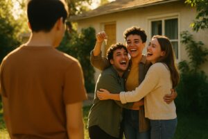 A friend holds up new house keys while two others hug them, as another person watches quietly from a few steps away