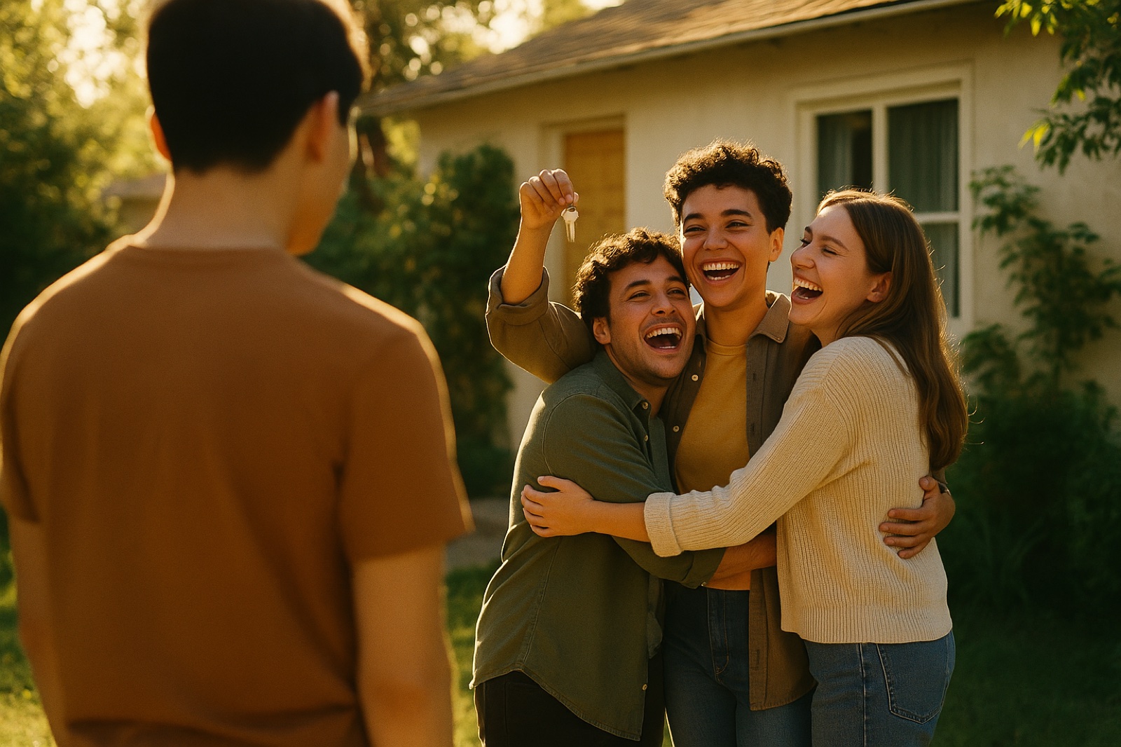 A friend holds up new house keys while two others hug them, as another person watches quietly from a few steps away