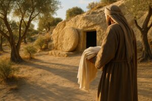 Joseph of Arimathea carrying linen toward a rock-hewn garden tomb with a rolling stone