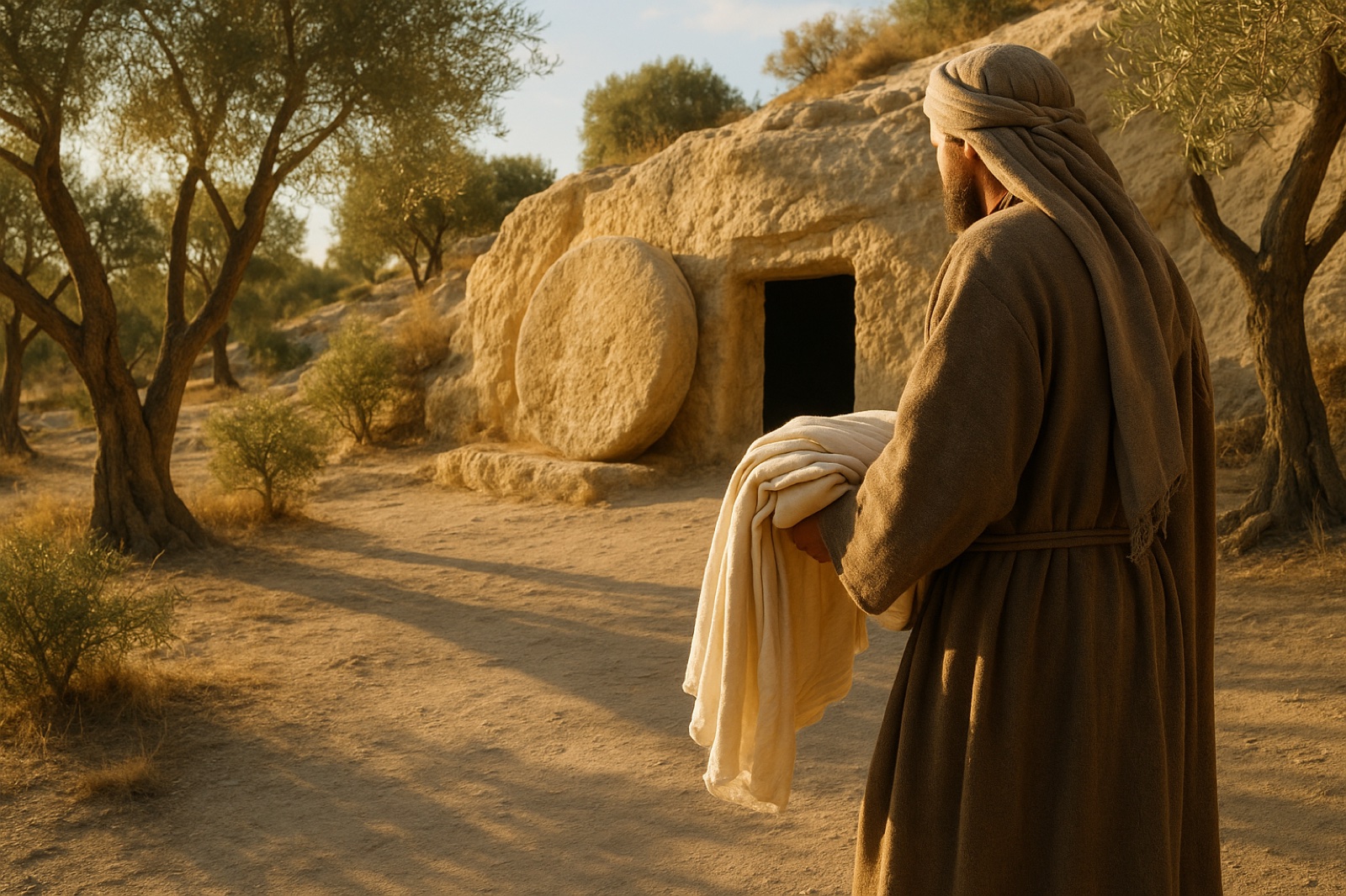 Joseph of Arimathea carrying linen toward a rock-hewn garden tomb with a rolling stone