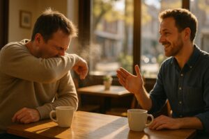 A person sneezing into their elbow at a sunlit cafe table while a smiling stranger turns to say bless you