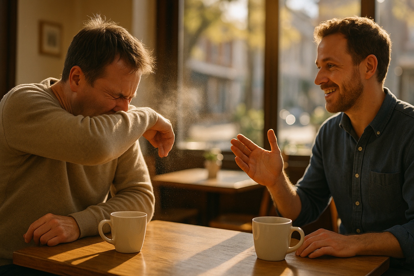 A person sneezing into their elbow at a sunlit cafe table while a smiling stranger turns to say bless you