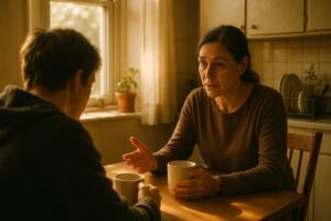 Two people talking honestly across a kitchen table in warm morning light, one listening with head lowered
