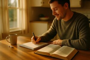 A man at a sunlit kitchen table writing in a study guide beside an open Bible