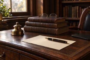 An early-1900s oak writing desk with old leather books, spectacles, a fountain pen and a modern smartphone