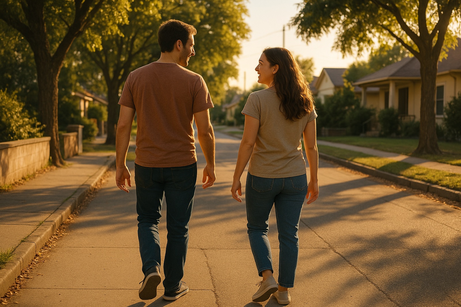 Couples who exercise together: a couple walking side by side and talking on a tree-lined street in warm evening light