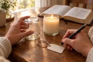 Hands writing a name on a blank paper tag beside a lit prayer candle and an open Bible