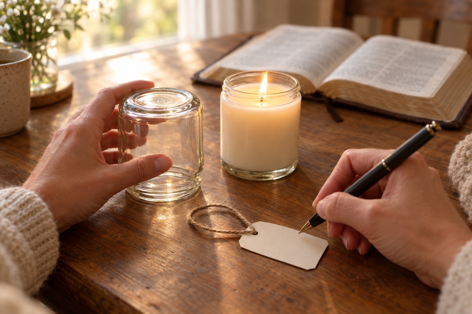 Hands writing a name on a blank paper tag beside a lit prayer candle and an open Bible