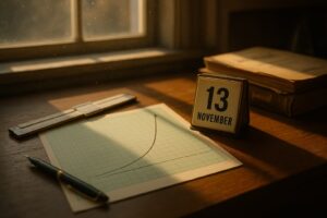 A 1960s desk with a steeply rising population curve on graph paper beside a calendar showing 13 November