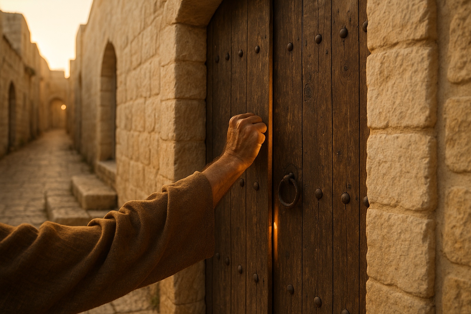 A hand knocking on an old wooden gate in a stone street at sunrise, like Peter knocking in Acts 12