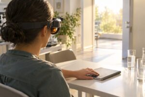 Patient wearing camera goggles with an amber glow touching a notebook on a white table in a bright eye clinic, gene therapy for blindness trial