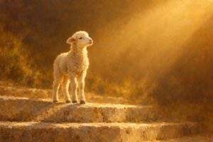 A single young lamb standing in golden-hour light on worn stone steps, illustrating the Greek word for lamb, amnos.