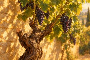 An old gnarled grapevine trunk against a sunlit stone wall, bearing clusters of dark purple grapes, with one freshly pruned stub on the trunk