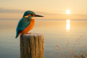 A kingfisher perched on a frosty wooden post beside a perfectly calm winter sea at sunrise