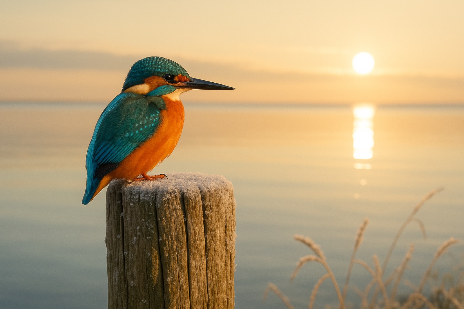 A kingfisher perched on a frosty wooden post beside a perfectly calm winter sea at sunrise