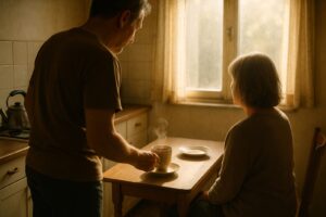 A long-married couple in a sunlit kitchen as one partner sets a cup of tea in front of the other