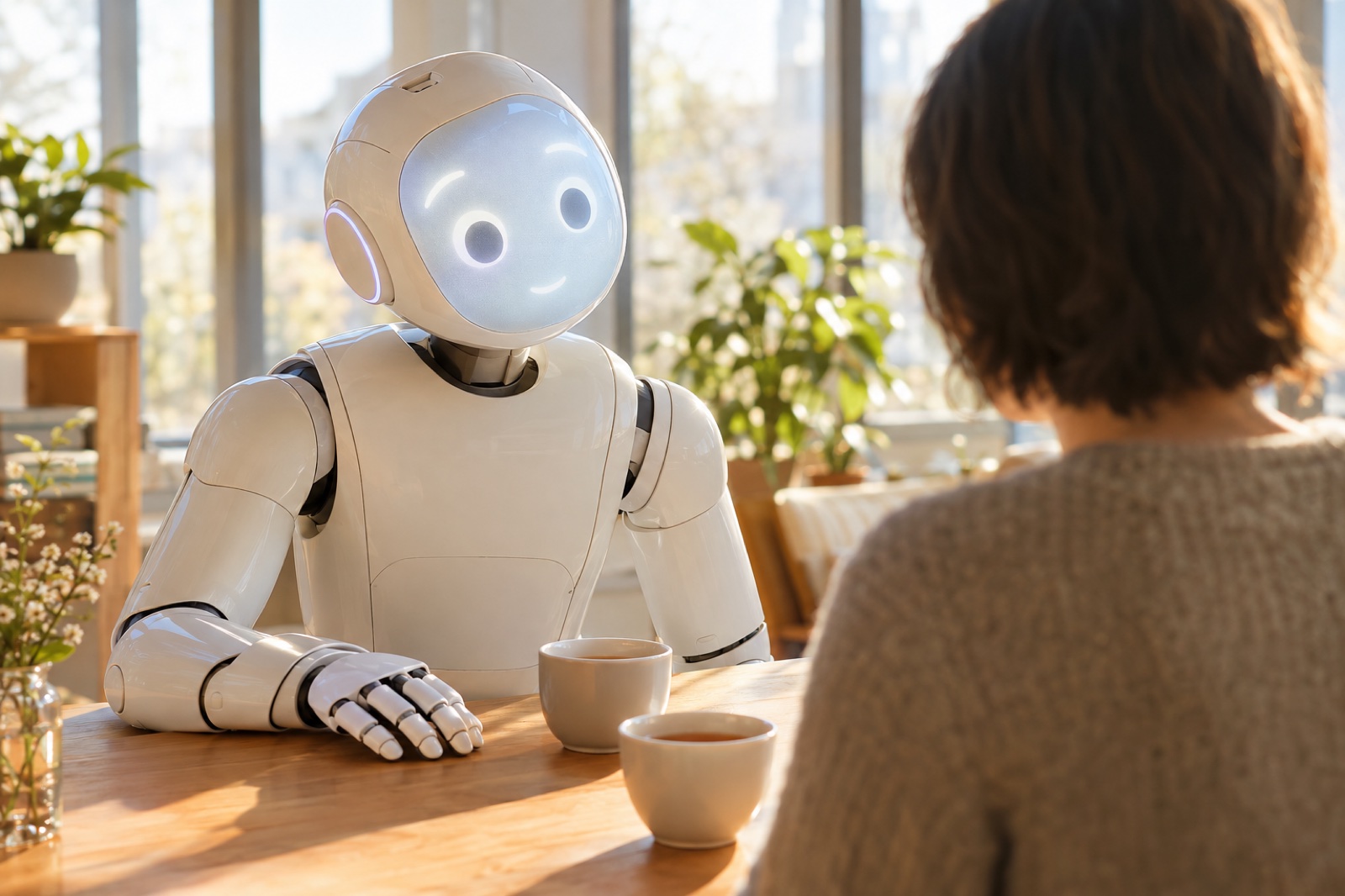 A white humanoid robot sitting at a sunlit table across from a person, sharing tea