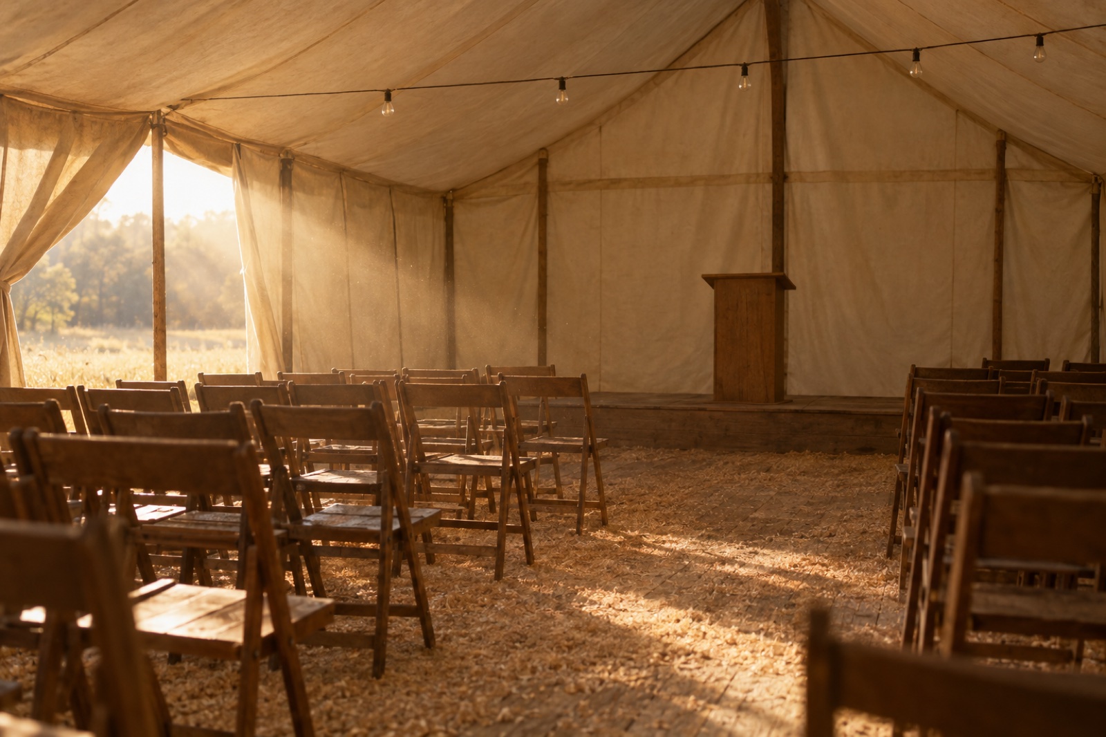 The empty interior of an early twentieth-century revival meeting tent, rows of wooden folding chairs on a sawdust floor in late afternoon light