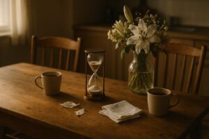 An hourglass on a kitchen table beside white lilies, a folded handkerchief and two mugs of tea