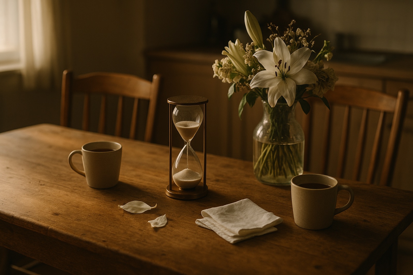 An hourglass on a kitchen table beside white lilies, a folded handkerchief and two mugs of tea