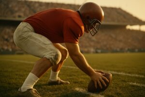 A 1970s American football center crouched over the ball, about to snap it, in a sunlit stadium
