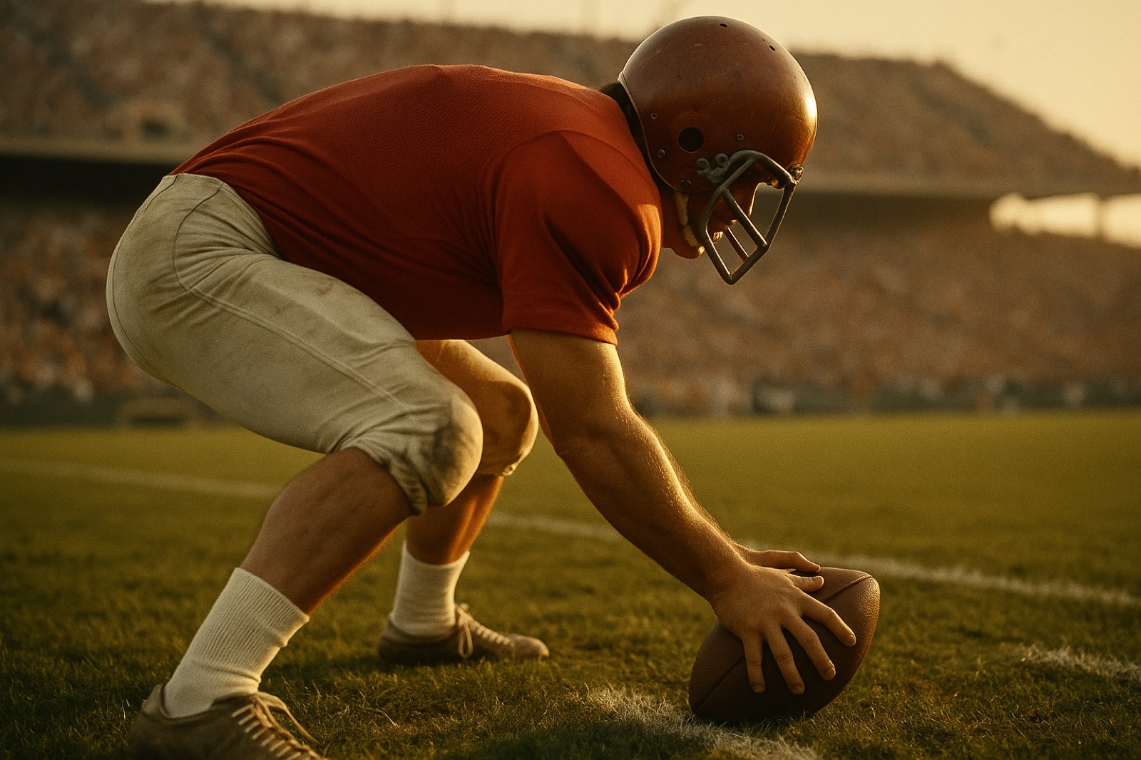 A 1970s American football center crouched over the ball, about to snap it, in a sunlit stadium