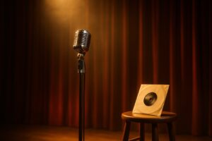 Vintage stage microphone and a 7-inch vinyl single in warm spotlight, a tribute to Lena Martell and One Day at a Time
